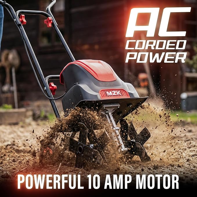 MZK 12-Inch 10.5 Amp Corded Electric Tiller/Cultivator for Gardening, 8-inch tillling Depth, Powerful and Lightweight Tiller, Electric Garden Rototiller for Lawn/Yard/Garden Soil Digging,TC12A03