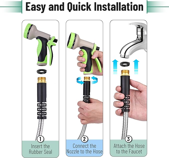 UNCO- Stainless Steel Metal Hose with 10 Functions Spray Nozzle, 75 ft, No Kink, Metal Garden Hose