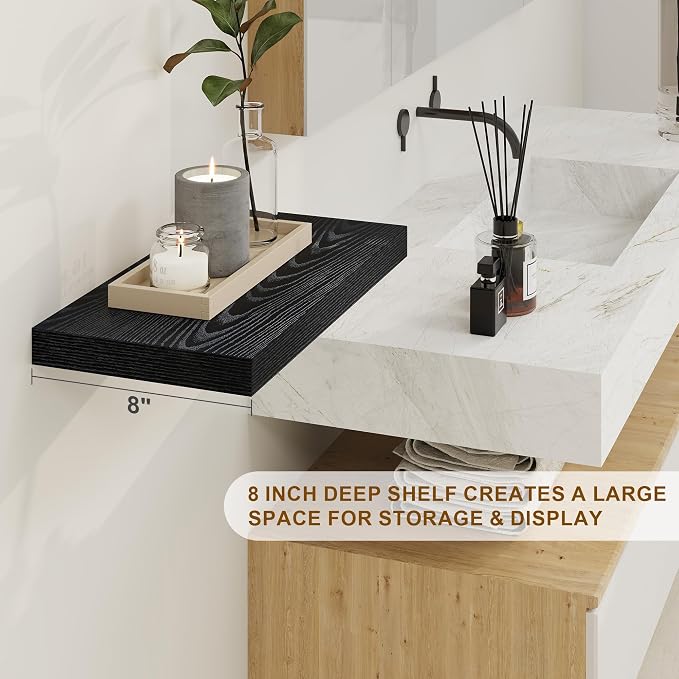 Fun Memories Black Floating Shelves 16 Inch Long, 8 Deep Floating Shelf Wall Mounted, 16 x 8 Inch Wooden Bathroom Shelves, Deep Storage Shelves for Living Room, Kitchen, Set of 2