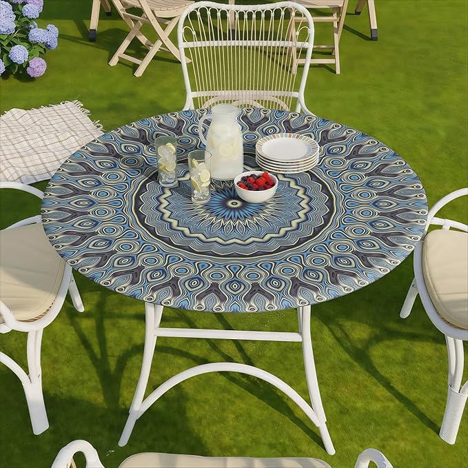 Drawstring Fitted Round Tablecloth for 45-54" Tables Outside Rustic Polyester Weather Proof Table Clothes Aesthetic Western Home Decoration Car Traveling Necessities Birthday Parties Finds