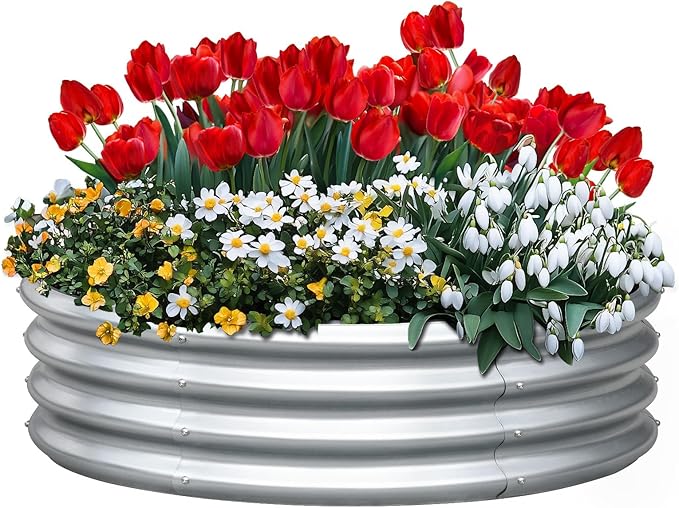 KING BIRD Raised Garden Bed Galvanized Round Planter Box Outdoor for Gardening, Plants, Vegetables, Flowers, Silver, 47.3x47.3x11.8 in
