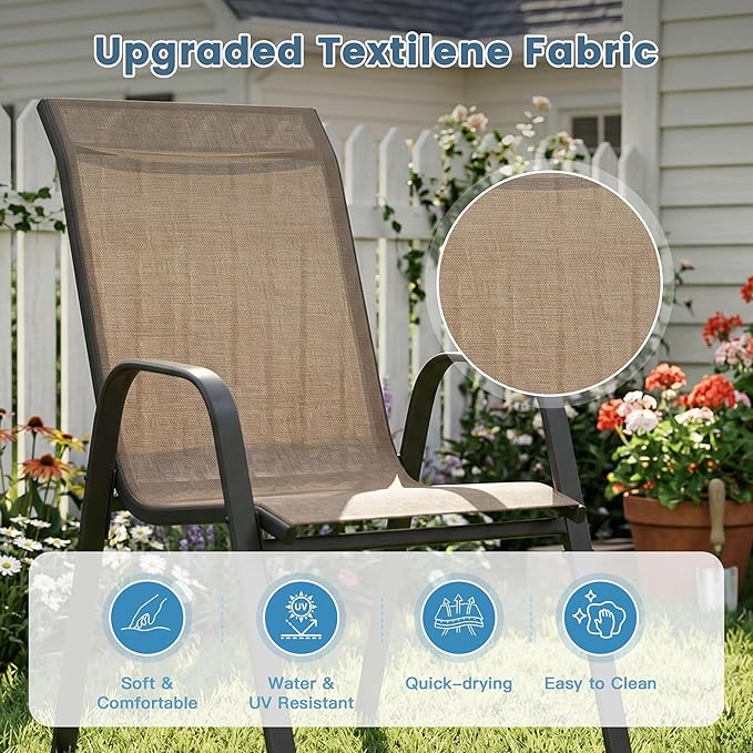 DIFY Patio Chairs Set of 2, Stackable Outdoor Dining Chairs Set with Breathable Textilene High Back and All-Weather Metal Frame for Garden, Backyard, Deck, Brwon