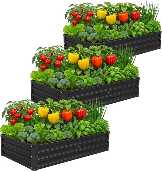 Meberam 3 Pack 6x3x1FT Galvanized Raised Garden Beds Kit Outdoor Metal Gardening Planter Box for Vegetable Elevated Flower Herbs,Black