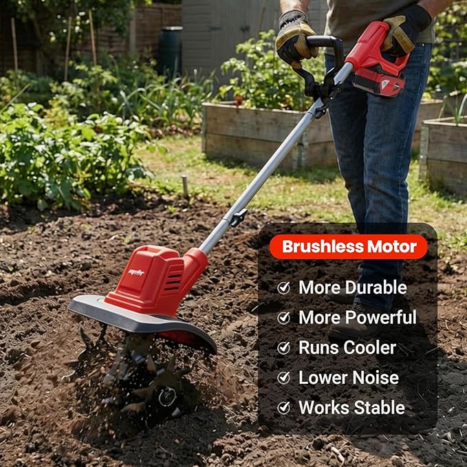 Cordless Brushless Garden Tiller Cultivator Compatible with Milwaukee 18v Battery(Tool Only), 10’’ Wide 7’’ Deep Electric Soil Rototiller, 48-Tine Mini Rotary Aerator for Garden Beds &Soil Preparation