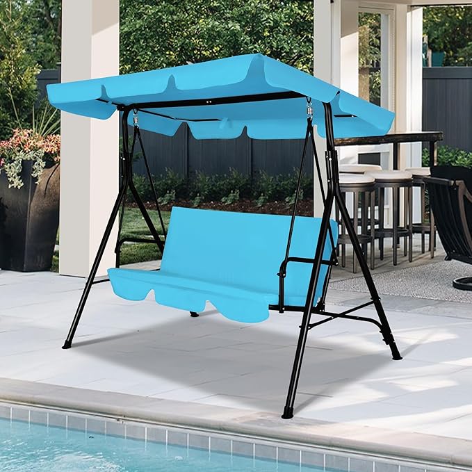 GARTOO 3-Seat Patio Swing Chair, Outdoor Porch Swing with Adjustable Canopy and Durable Steel Frame for Patio, Garden, Poolside(Turquoise)