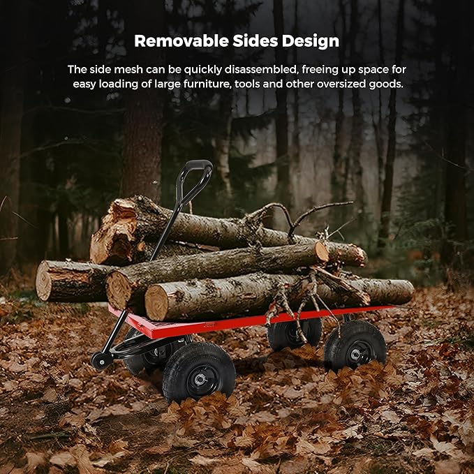 SUNNYFEEL 500 Lbs Capacity Heavy Duty Mesh Steel Garden Cart,Folding Utility Wagon with Removable Side Nets, Non-Slip Rubber Base, Red,Upgraded Version