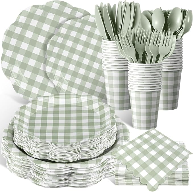 Funnymoom 400 Pcs Gingham Party Supplies for 50 Guests Green and White Paper Plates and Napkins Knives Spoons Forks Cups Disposable Checkered Dinner Party Set Cutlery for Baby Shower Wedding Favor