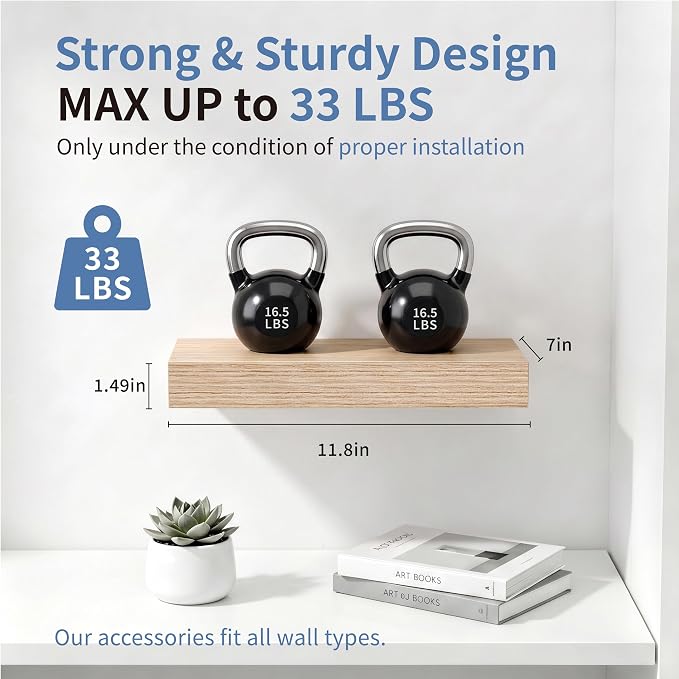 Oak Wood Floating Shelves for Wall, 12 Inch Wooden Shelves Set of 4 | Bathroom Decor Shelf, Easy Install, Heavy Duty, 33lbs Max Load, Hidden Brackets, Bedroom Living Room Kitchen Display Storage