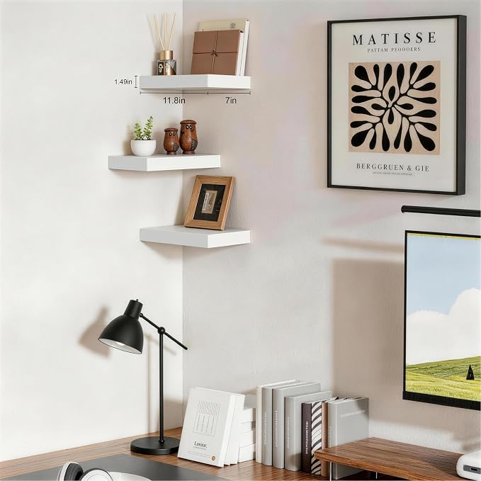 White Floating Shelves for Wall, 12 Inch Wooden Shelves Set of 3 | Pack White Floating Shelves, 33lbs Max Load, Hidden Brackets, Easy Install, Bedroom Living Room Decor Display Storage
