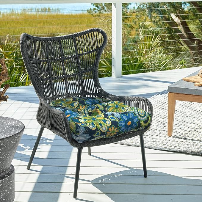 DYTXIII Set of 2 Outdoor Chair Cushions 19"x19"x4", Water Repellent Tufted Patio Seat Cushions with Ties, Thick Replacement Pads for Wicker Dining Chairs, Patio Furniture, Flower Child