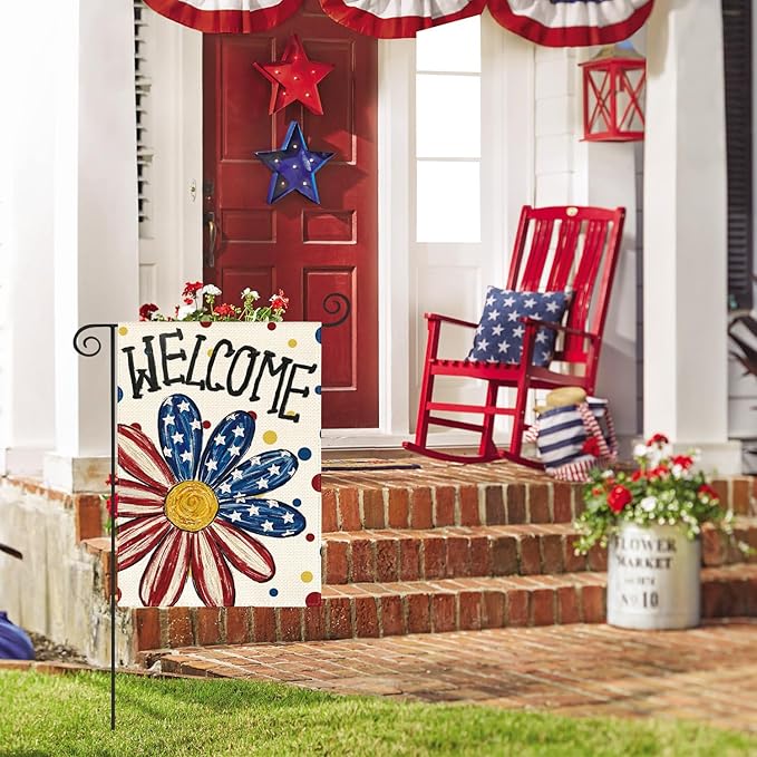 AVOIN colorlife 4th of July Patriotic Garden Flag 12x18 Inch Double Sided Outside, Memorial Day Welcome Floral Daisy Yard Outdoor Decoration