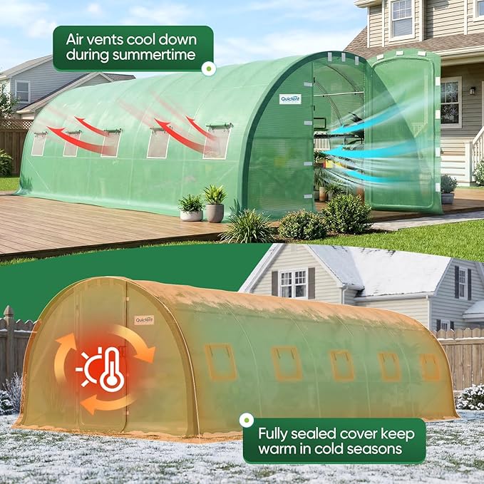 Quictent 25x10x6.6 FT Premium Greenhouse for Outdoors with 2 Door Frames, Reinforced Top Structure & Cover, Large Heavy Duty Walk-in Tunnel Hoop Green House for Garden Backyard Flower Winter, Green