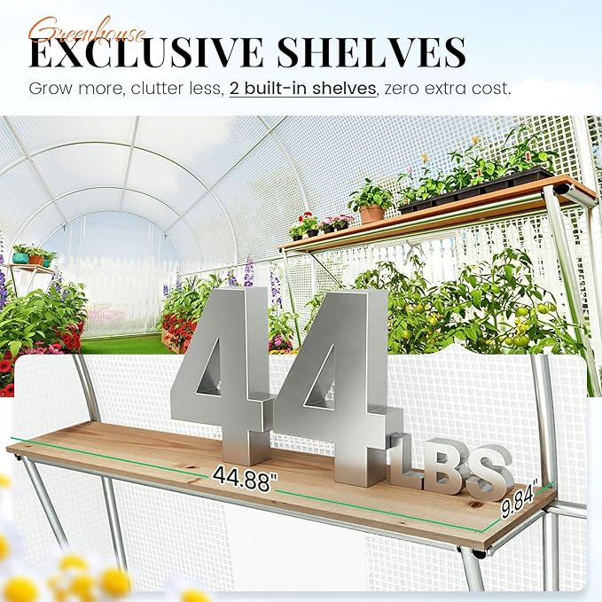 KING BIRD Premium 15x7x7 FT Greenhouse for Outdoors, Large Walk-in Heavy Duty Galvanized Steel Frame, Mesh Door Screen Window Tunnel Hoop Garden Plant Winter Hot House with Storage Shelves, White
