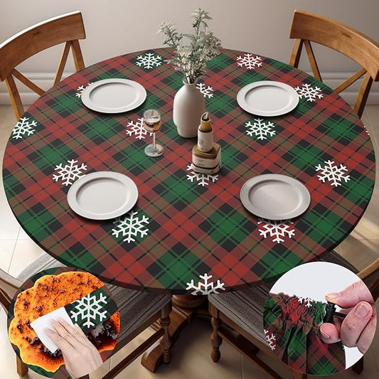 Fitted Christmas Round Tablecloth Waterproof Table Cloth Vinyl Indoor Outdoor Circle Cover for 36-44" Table Dining Living Room Kitchen Western Home Party Decor Gift Festival Family Essential