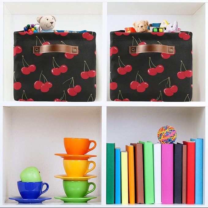Wamika Cherry Red Storage Basket with Waterproof Liner and PU Handles Fruits Black Storage Bins Boxes 14.2" Collapsible Decorative Organizer Baskets for Bedroom Closet Office 2 Pack