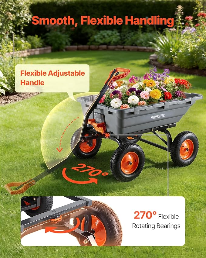 VEVOR 10 Cu.Ft 1500LBS Poly Garden Cart Dump Wagon, Heavy Duty Wheelbarrow with Convertible Handle and 16" Flat Free Tires, Outdoor Yard Wagon ATV Trailer Dump Cart Tow Behind for Lawn Mower Tractor