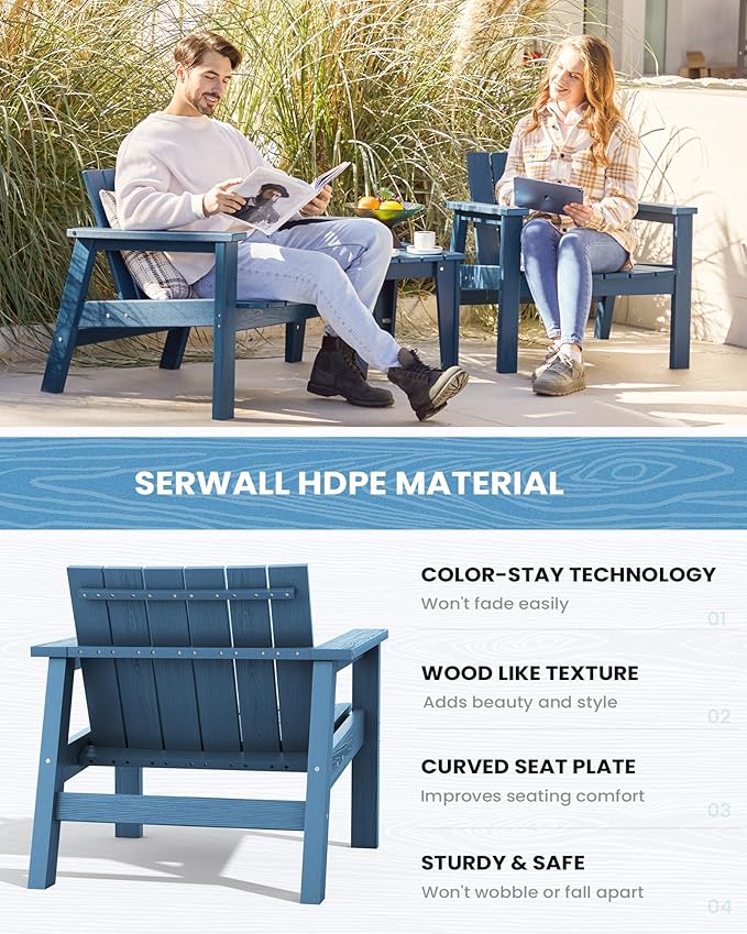 SERWALL Adirondack Chair Set, Includes Adirondack Chairs Set of 2 and 1 Piece Outdoor Side Table, HDPE Bistro Set- Blue