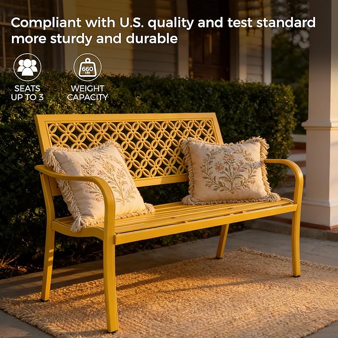 Grand patio 50" Outdoor Bench, Garden Benches with Anti-Rust Metal Powder Coated Frame, Patio Bench for Front Porch Park Outside Furniture Decor, Sunflower Yellow
