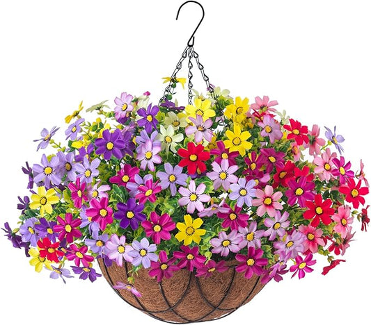 INXUGAO Artificial Flowers with Hanging Planter for Outdoor, Faux Silk Daisy UV Resistant Plants in Basket for Indoor Porch Garden Yard Spring Summer Decor(Rose Yellow)