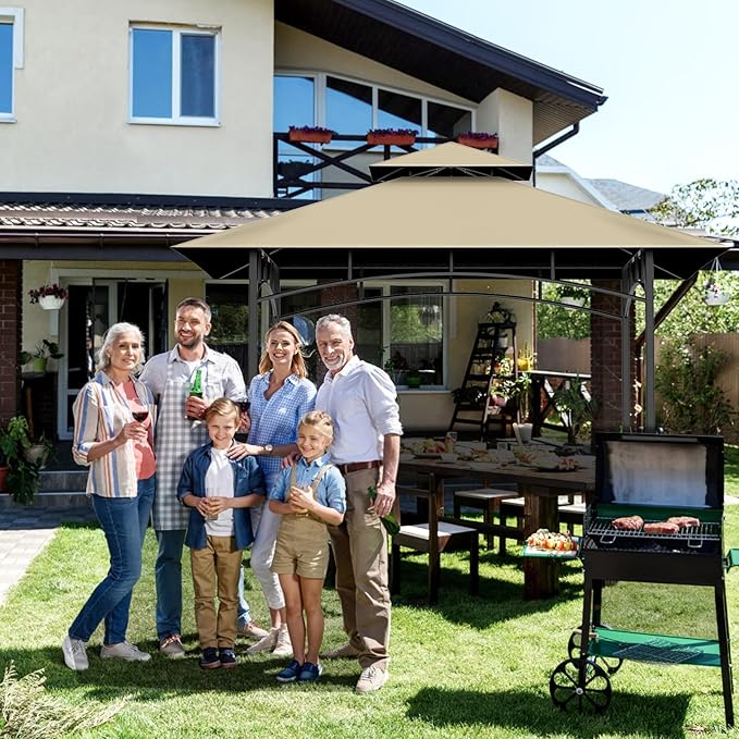 Grill Gazebo Replacement Canopy Top Only - 5' x 8' Outdoor BBQ Gazebo Canopy Roof, Waterproof Double Tiered Shelter Cover Fit for Model L-GG001PST-F (Khaki, 5x8)