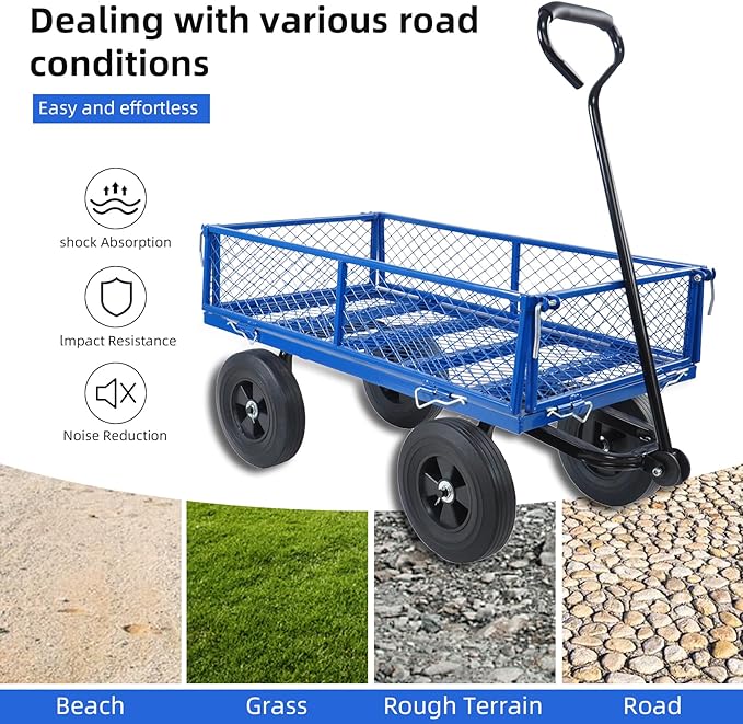 Heavy Duty 480 Lbs Capacity Mesh Steel Garden Cart Folding Utility Wagon with Removable Sides, Solid Wheels Tools Cart Wagon Cart, Easier to Transport Firewood (Blue)