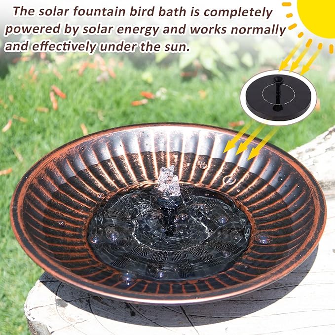 12.3" Solar Fountain Bird Bath for Outside, Metal Solar Bird Bath Fountains, Bird Bath Bubbler for Garden Patio Decor (Copper)