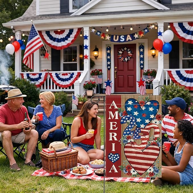4th of July Garden Flag, 250 Anniversary USA Flag Patriotic America Memorial Day Yard Outdoor Decorations Outside American Heart 250 Years Fourth of July Garden Flag Double Sided Waterproof 12x18 Inch