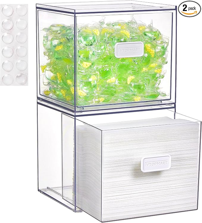 Vtopmart 2 Pack Dryer Sheet Holder and Laundry Pods Container,Clear Stackable Storage Drawers for Washing Powder, Scent Booster Beads, Color Catchers & Wool Balls, Ideal for Laundry Room Organization