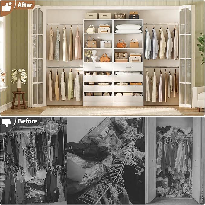 Aheaplus Closet System, 6-15Ft Closet Organizer with 8 Wooden Drawers,White
