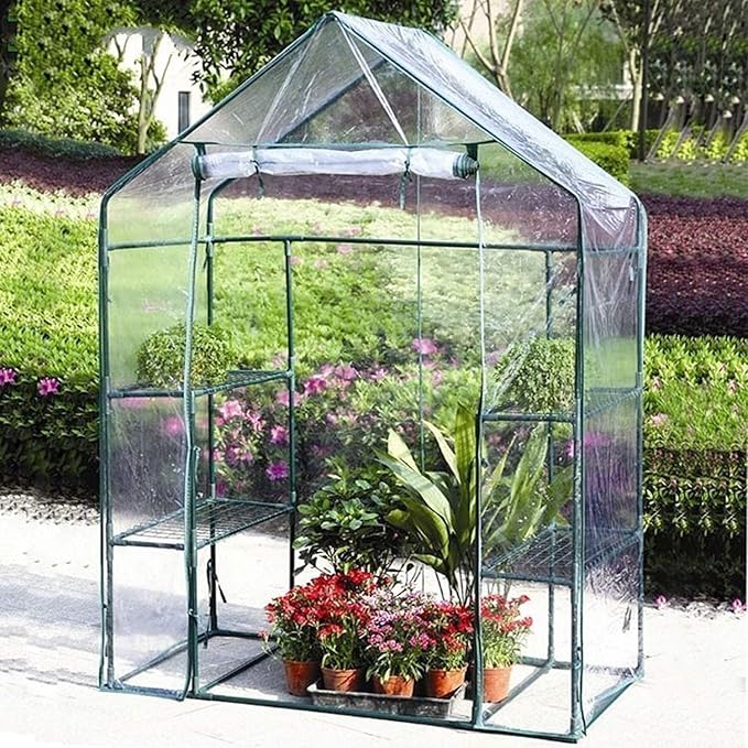Mini Greenhouse Transparent PVC Cover Portable Small Greenhouses Cover wih Roll-Up Zipper Door, Waterproof Garden Green House Tent(Iron Stand not Include)