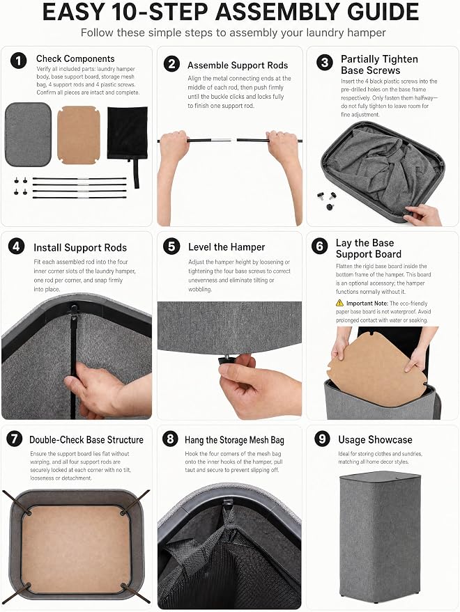 DOKEHOM 100L Laundry basket Hamper with Lid & Removable Mesh Bag, Black | Collapsible large clothes hamper, foldable laundry sorter bin with mesh inserts. Adjustment screws to keep fabric taut