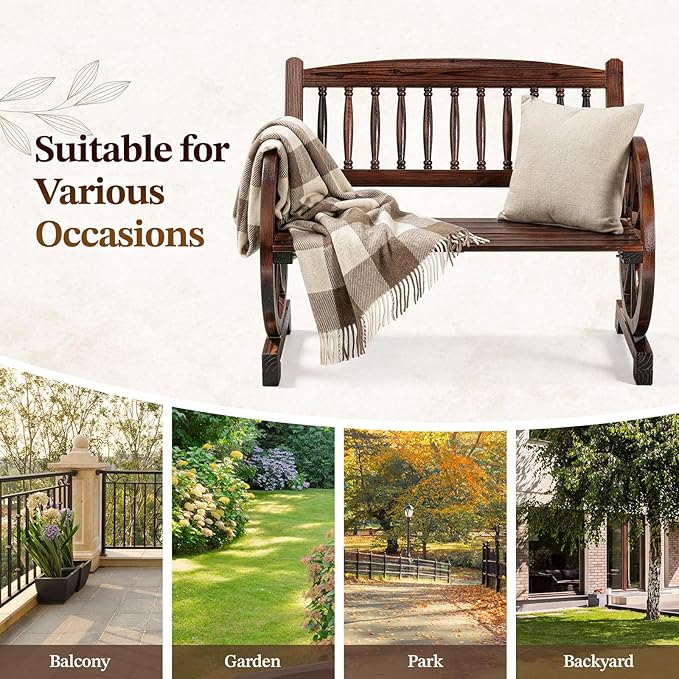 Outvita 41'' Outdoor Wooden Bench, 2-Person Rustic Wagon Wheel Bench with Slatted Seat and Carbonized Fir Wood Construction, Weather-Resistant Garden Bench for Patio, Porch and Backyard(Dark Brown)