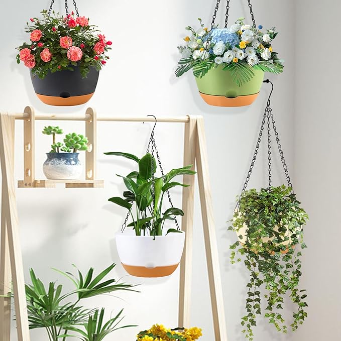 KPUVX 10 inch Hanging Planters Self Watering Pots for Indoor Plants, 3 Pack Plastic Hanging Basket with Removable Tray for Home Garden Porch Balcony Patio Decor (White)