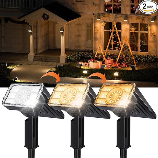 2-Pack Solar Lights Outdoor Waterproof IP67, 3 Color Modes (Warm/Cool White & Hybrid) with 3 Lighting Modes, 105° Adjustable Dusk to Dawn Solar Spotlights for Pathway/Garden/Yard Wall/Ground Lighting
