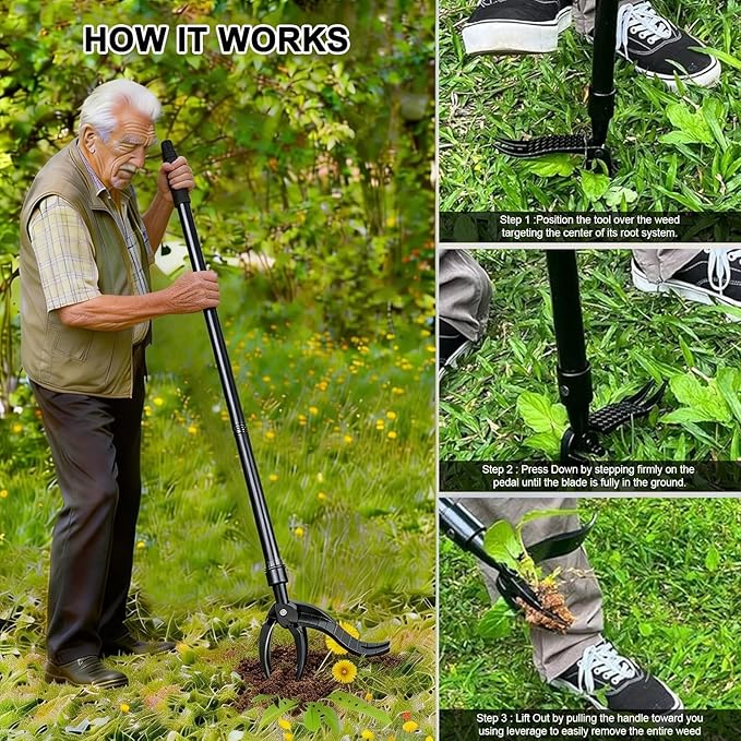 Manual Weed Puller Tool - Stand Up Weeder with 4-Claw Head & 3-Section Long Handle, Permanently Remove Dandelions with Roots, No Bending for Seniors, Lawn & Garden Tool