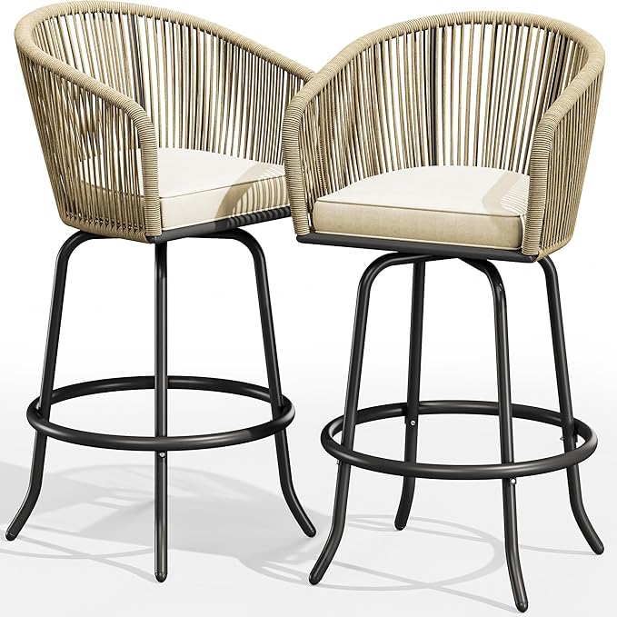 YITAHOME Counter Height Bar Stools Set of 2, Outdoor Bar Stools with Soft Cushions, Patio Rattan Swivel Bar Chairs for Backyard Poolside, Garden w /360 Rotation (Beige)