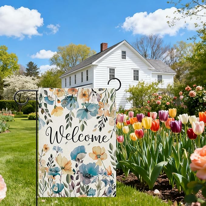 Dyrenson Welcome Spring Summer Floral Theme Decorative Garden Flag, Watercolor Poppy Flower Botanical Yard Outside Home Decoration, Seasonal Burlap Outdoor Small Decor Double Sided 12 x 18