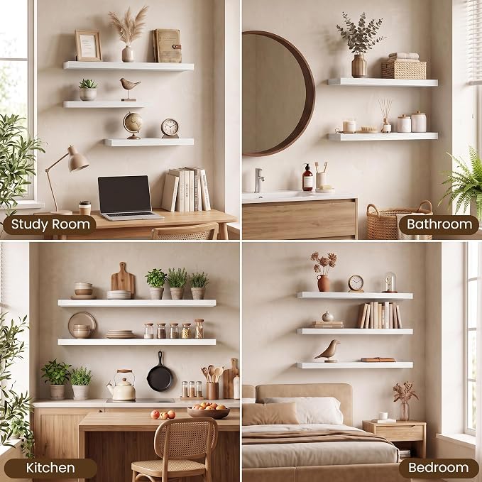 Acovy 8in Square Floating Shelves 4 PCs, Wall Mounted Display Shelf, White | Invisible Brackets, 15lb MDF, 8x8in Square, Easy Install, For Bedroom, Bathroom, Living Room, Kitchen & Office