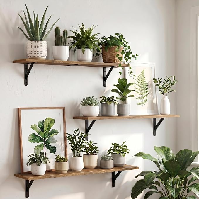 WOPITUES Long Wall Shelves 40″W x 8″D, Floating Book Shelves Max Load 65lbs | Wall Mounted Wood Shelf Storage, Metal Brackets, Bedroom/Living Room/Laundry Room/Kitchen/Pantry Decor, Brown, Set of 3