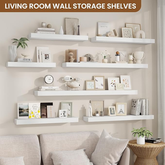 Floating Shelves for Wall, Wall Mounted Wood Shelves, White, Set of 2, 36in | Wood Floating Shelf with Invisible Brackets for Living Room, Bathroom, Bedroom, Kitchen, Hanging Shelf for Storage and Decor