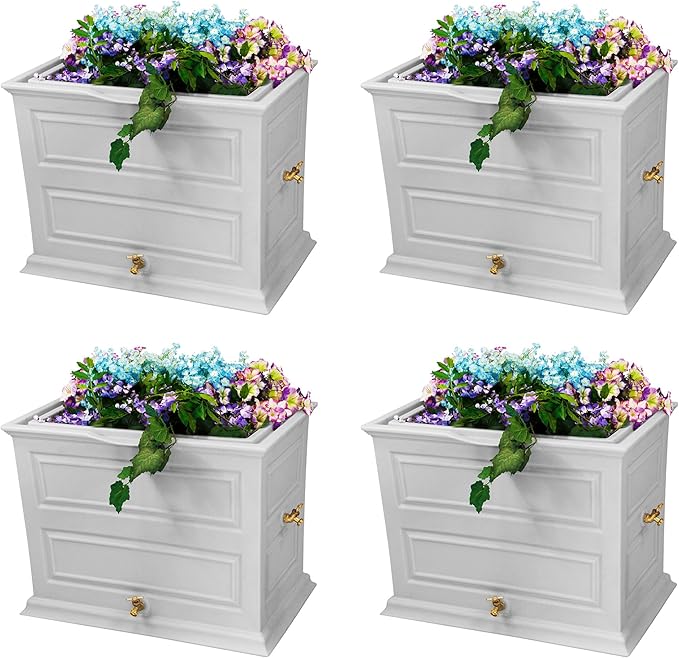 Good Ideas Savannah Colonial Style 42 Gallon Rain Saver Barrel with Self-Draining Garden Planter and Brass Spigots, Light Gray (4 Pack)