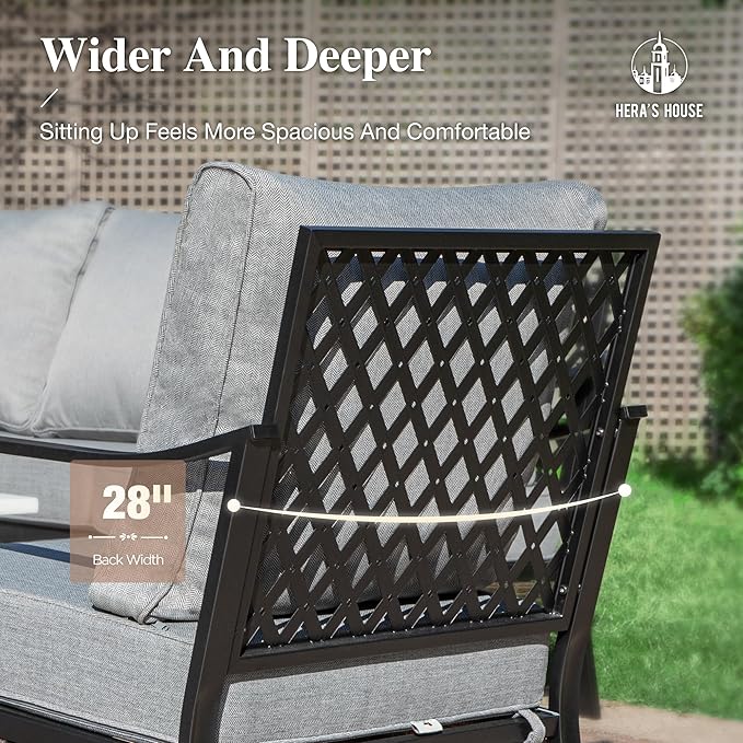 HERA'S HOUSE Patio Chairs Set of 2, High Back Outdoor Dining Chairs with Thick Cushions, All Weather Metal Frame Furniture for Garden, Backyard, Deck, Grey
