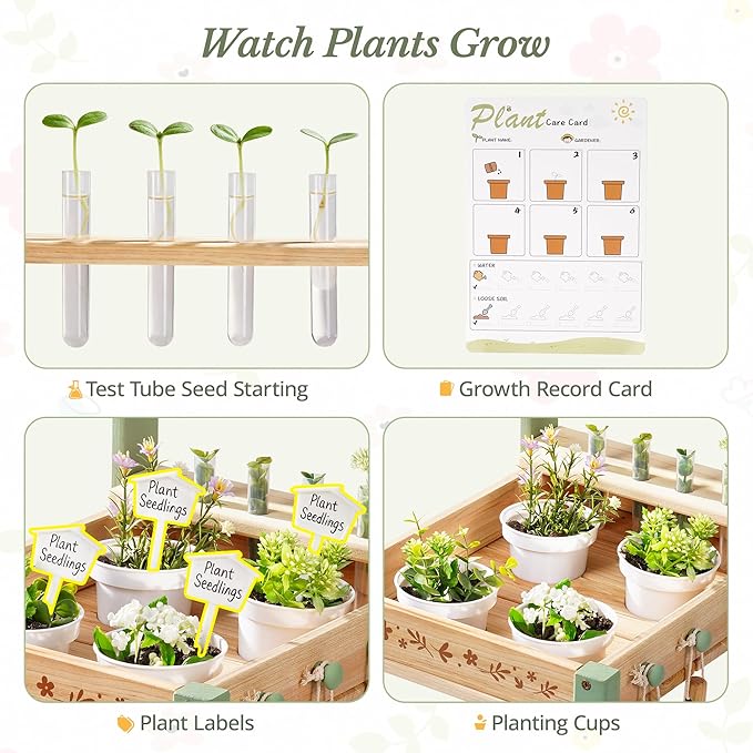 ROBOTIME Kids Gardening Tools with Cart Wheelbarrow - Wooden Outdoor Garden Toys Set with Watering Can, Shovel, Hand Rake & Plant Labels, Outdoor Backyard Play Toys for Toddler Gift (Green)