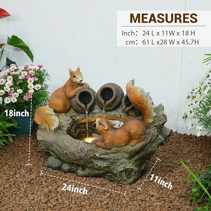Sunlinua 24" L Squirrel Outdoor Water Fountain, Decorative Resin Water Fountain with LED Lights, Garden Waterfall Fountains Indoor and Outdoor for Patio, Porch, Courtyard, Home Decor