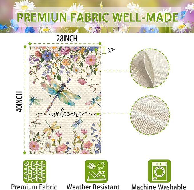 Spring Summer Dragonflies Wildflowers Welcome House Flag 28 x 40 Inch Double Sided, Watercolor Floral Large Yard Garden Flags Holiday Farmhouse Flags for Patio Outdoor Outside Decoration