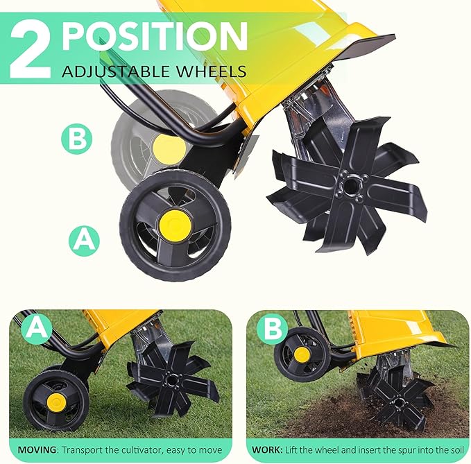 IncwBo Electric Tiller/Cultivator 4 Steel Tines, Garden Roto Tillers for Gardening, 15Amp 12 Inch Corded Rototiller with Adjustable Wheels