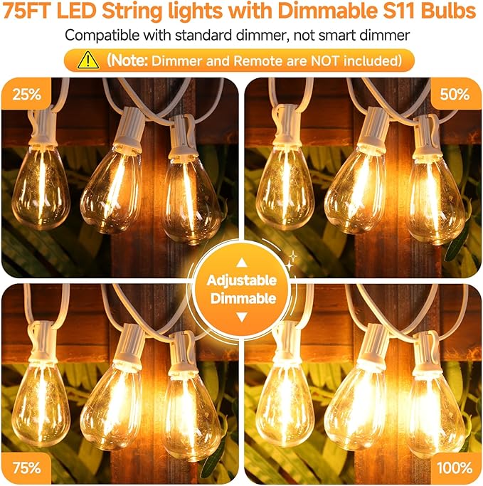 Larkvue 75FT LED Outdoor String Lights S11 Dimmable Patio Light, with 22+2 Waterproof Shatterproof Edison 2700K Bulbs for Porch Garden Wedding, White