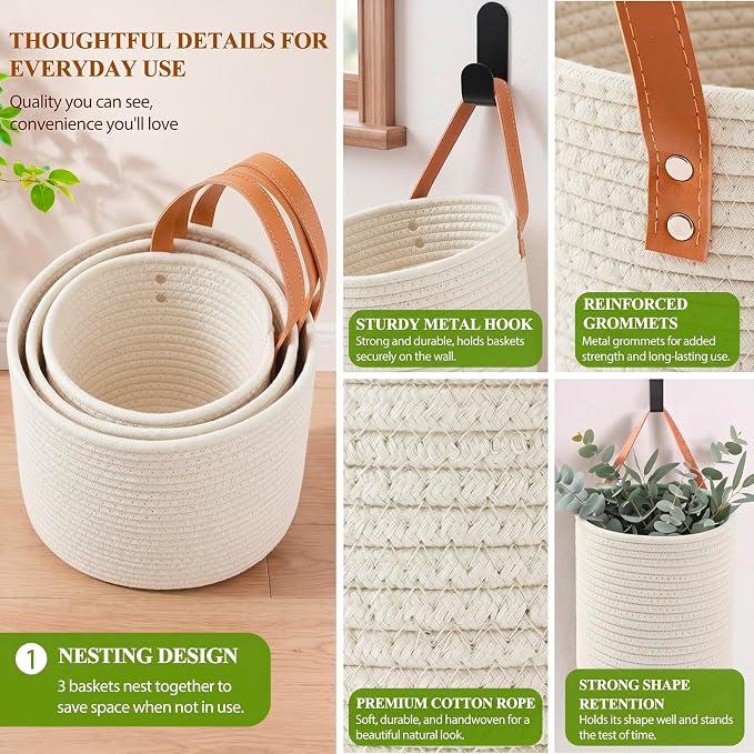 Honeydak 3 Hanging Baskets, White, Cylinder, Cotton Rope | Wicker Wall Baskets with Hooks for Fruit Vegetable Onion Storage, Teardrop Organizer for Kitchen, Boho Farmhouse Decor