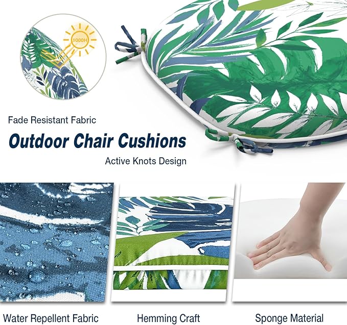 Outdoor Chair Cushions Set of 2, Water Resistant Patio Chair Pads with Ties, Seat Cushions for Home Garden Furniture Decoration, 16"x17", Islamorada Blue Green