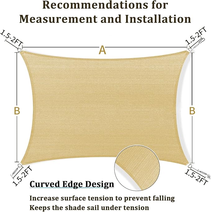 Shade&Beyond Custom 9'x18' Sun Shade Sail Canopy Rectangle UV Block Breathable Curved Sunshade for Backyard Yard Deck Outdoor Facility and Activities, Beige (We Make Custom Size)